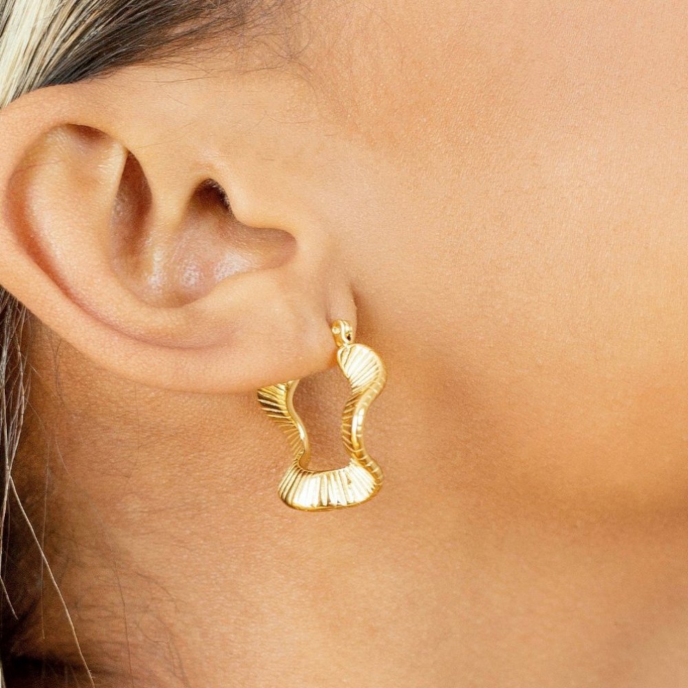 Organic Textured Wave Shape Hoop Earrings 18K Gold PVD Plated Stainless Steel - Picture 6 of 13